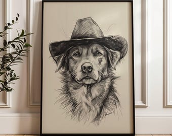 Cowboy Dog | Vintage Dog Print | Black Sketch Art | Western Dog Print | Trendy | Dog Illustration | Dog Art for Dog Lovers | Dog Sketch