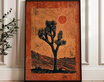 Árvore de Josué no horizonte do deserto | Estampa boho chic do deserto | Arte folclórica do sudoeste | Decoração para casa em tons terrosos | Cacto vintage