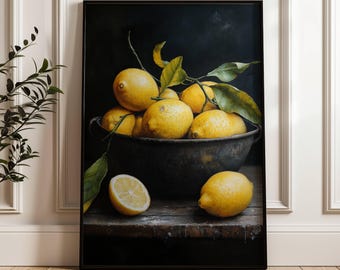 Vintage Lemon Painting | Summer Fruit | Still Life | Yellow Art | Moody Lemons Still Life Painting | Cottagecore | Fruit Art