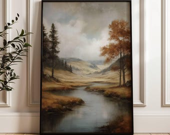 Rustic Fall Country Landscape | Winter Scenery | Countryside Farmhouse Decor | Rustic Mountain | Autumn Landscape Art | Vintage Fall Art