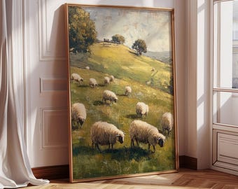 Sheep Painting | Vintage Landscape Print | Sheep In Field | Countryside Farmhouse Decor | English Farmhouse