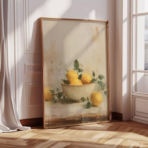 陶器のボウルに入ったヴィンテージレモン | 夏のフルーツ | 静物画 | 黄色のアート | キッチンの装飾 | ダイニングルームの装飾 | コテージコア | フルーツのウォールアート