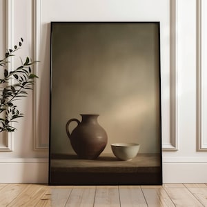Rustic Still Life With Vintage Pottery | Vintage Print| Pottery Still Life | Kitchen Art Wall Decor | Farmhouse Decor | Moody Print