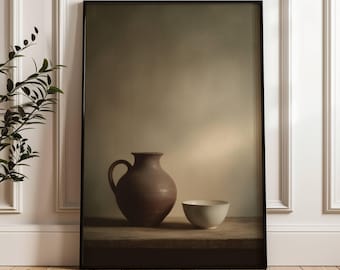 Rustic Still Life With Vintage Pottery | Vintage Print| Pottery Still Life | Kitchen Art Wall Decor | Farmhouse Decor | Moody Print