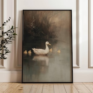 Vintage Ducks Swimming In Pond |  Kitchen Wall Decor | Rustic Neutral Beige Cottagecore Oil Painting Style Wall Art | Impressionism