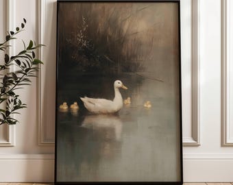 Vintage Ducks Swimming In Pond |  Kitchen Wall Decor | Rustic Neutral Beige Cottagecore Oil Painting Style Wall Art | Impressionism