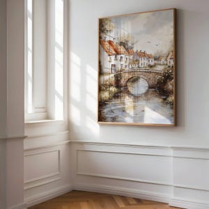 Rustic European Village Print | Farmhouse Decor | Vintage Living Room Landscape Painting | Vintage Country Painting | French Country Decor