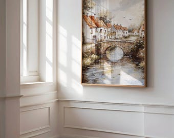 Rustic European Village Print | Farmhouse Decor | Vintage Living Room Landscape Painting | Vintage Country Painting | French Country Decor