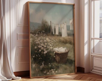 Wasscène op het Franse platteland | Boerderijdecoratie | Antiek olieverfschilderij zomerdecor, Franse landelijke muurkunst, vintage wasruimtekunst