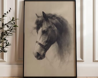 Vintage Horse Pencil Sketch | Equestrian Enthusiast Wall Art Print | Farmhouse Animal Farm Drawing | Horse Lover Gift | Etching Sketch