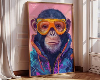 Funky Pink Chimp In Retro Cool Glasses | Vintage Art | Home Wall Decor | Monkey Print | Abstract Ape Art | Gift Idea
