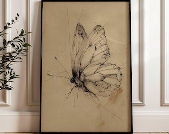 Vintage Black Butterfly Sketch Print | Dark Moody Insect InsectWall Art | Cottagecore Black Decor Digital | Antique Moth Painting