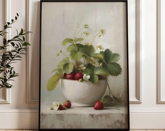 Pintura de fresas / Impresión vintage / Bodegón de fresas / Decoración de pared para sala de estar / Decoración de granja / Arte de frutas de verano