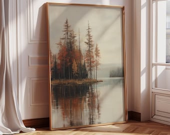 Pintura vintage de lago de outono | Cenário de inverno | Decoração de casa de fazenda no campo | Paisagem rústica de lago de outono | Decoração de parede com paisagem de outono