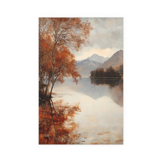 ヴィンテージの秋の湖の絵画 | 冬の風景 | 田舎の農家の装飾 | 素朴な 