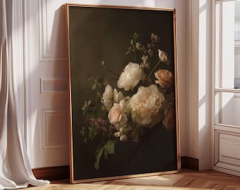 May include: A framed print of a still life featuring a bouquet of white and pink flowers with green leaves against a dark background.