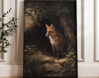 May include: A framed art print featuring a red fox in a forest setting. The fox is standing near a tree, with lush greenery and a dark background. The artwork has a vintage, painterly style, with detailed brushstrokes and a focus on natural light.