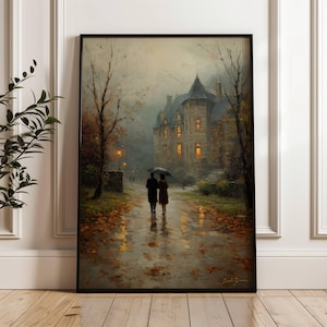 Puede incluir: Impresión artística enmarcada de una pareja caminando bajo un paraguas por un camino mojado. La pintura representa un castillo europeo con ventanas iluminadas, rodeado de árboles con hojas de otoño. La obra tiene un aire vintage y romántico.