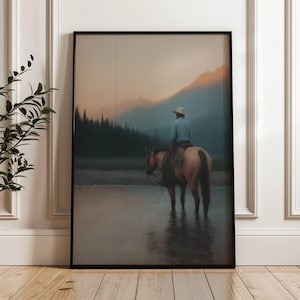 Cowboy d'epoca a cavallo al tramonto / Dipinto di cowboy western / Arte murale d'epoca / Stampa di un dipinto a olio antico / Decorazione di metà secolo