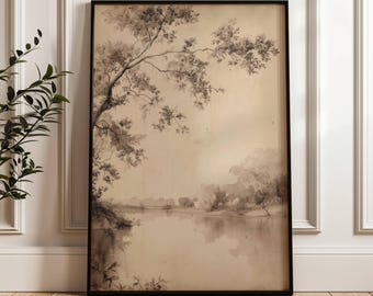 Muted Tree and River Landscape Print | Peaceful Scenery | Farmhouse Decor | Neutral Sepia Art | Vintage Forest Painting | Neutral Tone Print