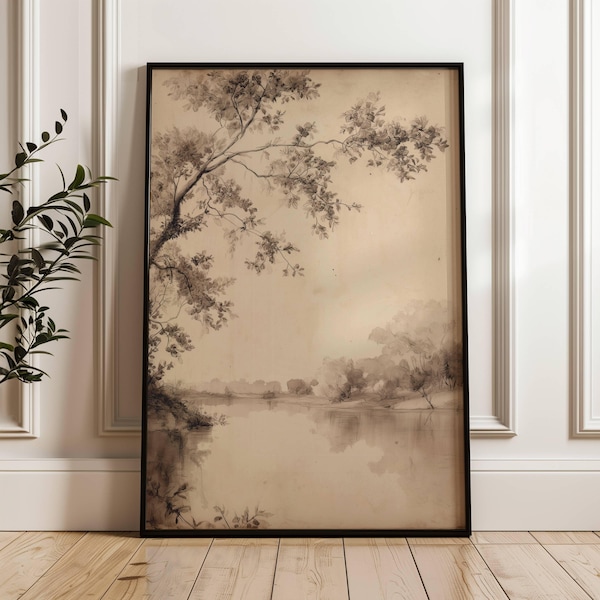 Muted Tree and River Landscape Print | Peaceful Scenery | Farmhouse Decor | Neutral Sepia Art | Vintage Forest Painting | Neutral Tone Print