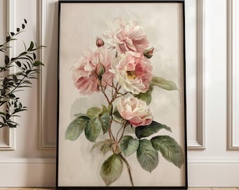 Antique Vintage Floral Print | Pink Watercolor Rose | Farmhouse