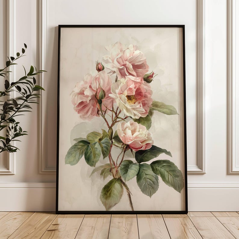 Antique Vintage Floral Print | Pink Watercolor Rose | Farmhouse Decor ...