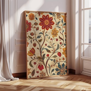 Può includere: Una stampa floreale in stile vintage con sfondo crema e un motivo ripetitivo di fiori rossi, gialli e blu. I fiori sono stilizzati e hanno un aspetto fantasioso.
