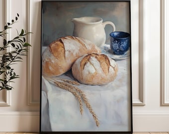 Pain et lait vintage | Décoration murale cuisine champêtre | Nature morte au pain au levain | Décoration murale de cuisine rustique | Nature morte | Décoration de ferme
