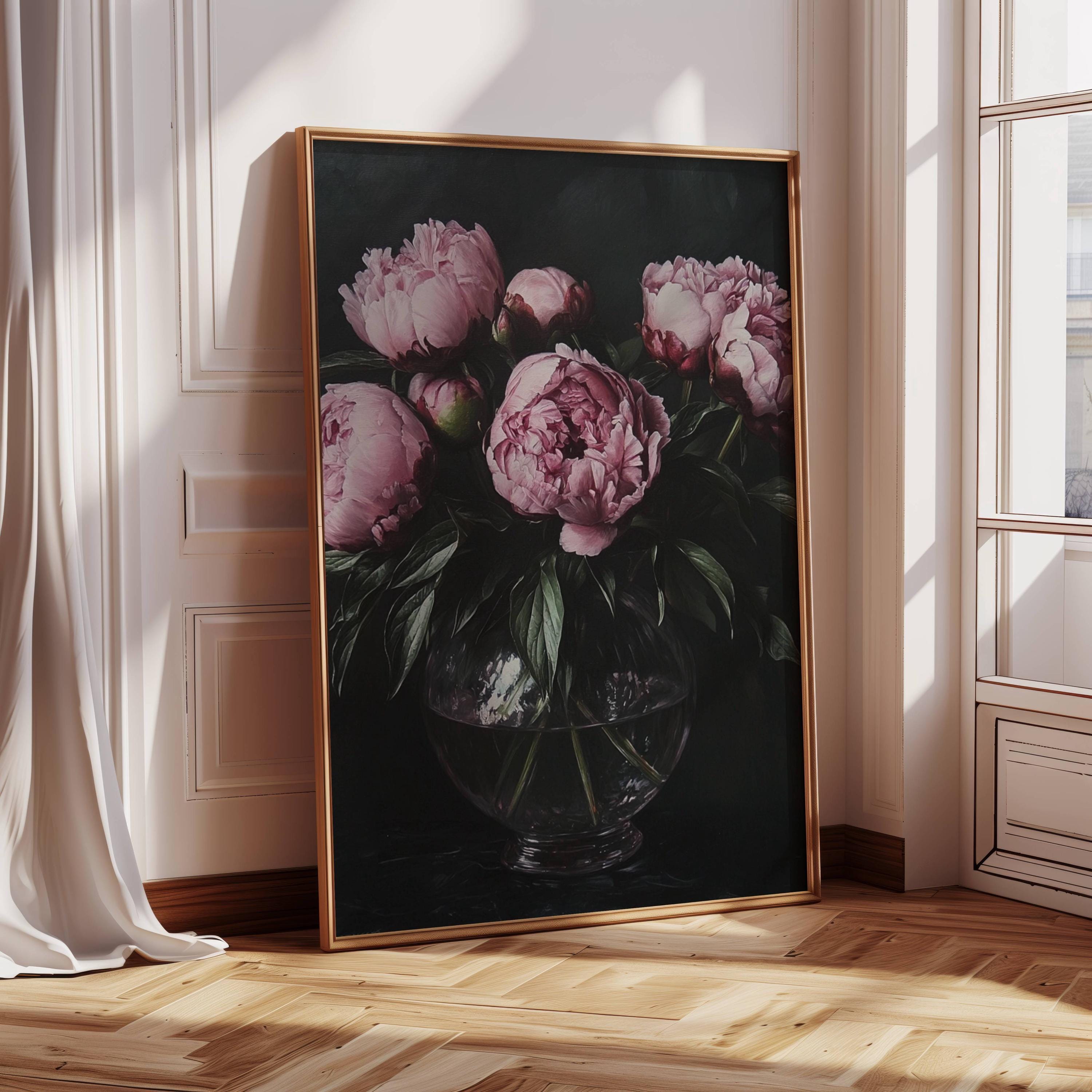 Pink Peonies | Moody Vintage Flower Print | Dark Floral Still Life Oil ...