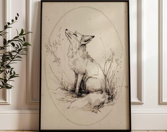 Vintage Whimsical Fox Line Drawing | Kitchen Wall Decoration | Minimalist Neutral Animal Wall Art | Rustic Woodland Animal Sketch