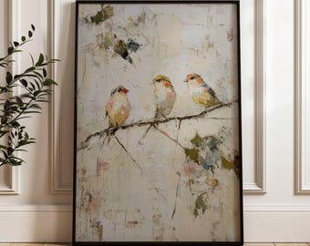 Vintage Nature Art Print Three Birds | Landscape Oil Painting Style Print | Neutral Wall Decor | Cottagecore Gallery Wall | Farmhouse Decor