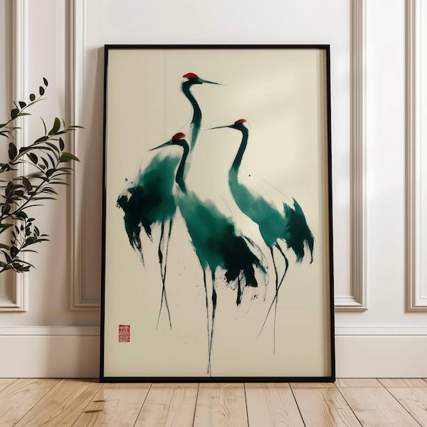 Gru eleganti e minimaliste / Poster vintage / Stampa artistica asiatica / Decorazione giapponese / Decorazione naturalistica / Arte murale con gru