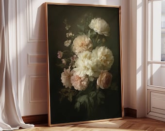 Moody Peonies And Roses, Dark Botanical Prints, Victorian Prints, Moody Flower Art, Vintage Dark Floral Print, Dark Academia Decor