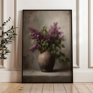 Lilac Flowers Still Life | Neutral Flowers Wall Art | Neutral Farmhouse Wall Decor | Antique Wall Art | Purple Flowers Spring Art |