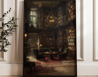 May include: A framed print of a library interior. The artwork shows a room filled with bookshelves, a chandelier, and seating around a table. The colour palette is dominated by warm browns and reds, creating a cosy and inviting atmosphere.