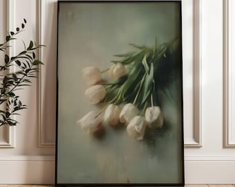 Vintage Tulips Still Life | Flowers Wall Art | Muted and Neutral Art | Spring Floral Art | Tulip Artwork