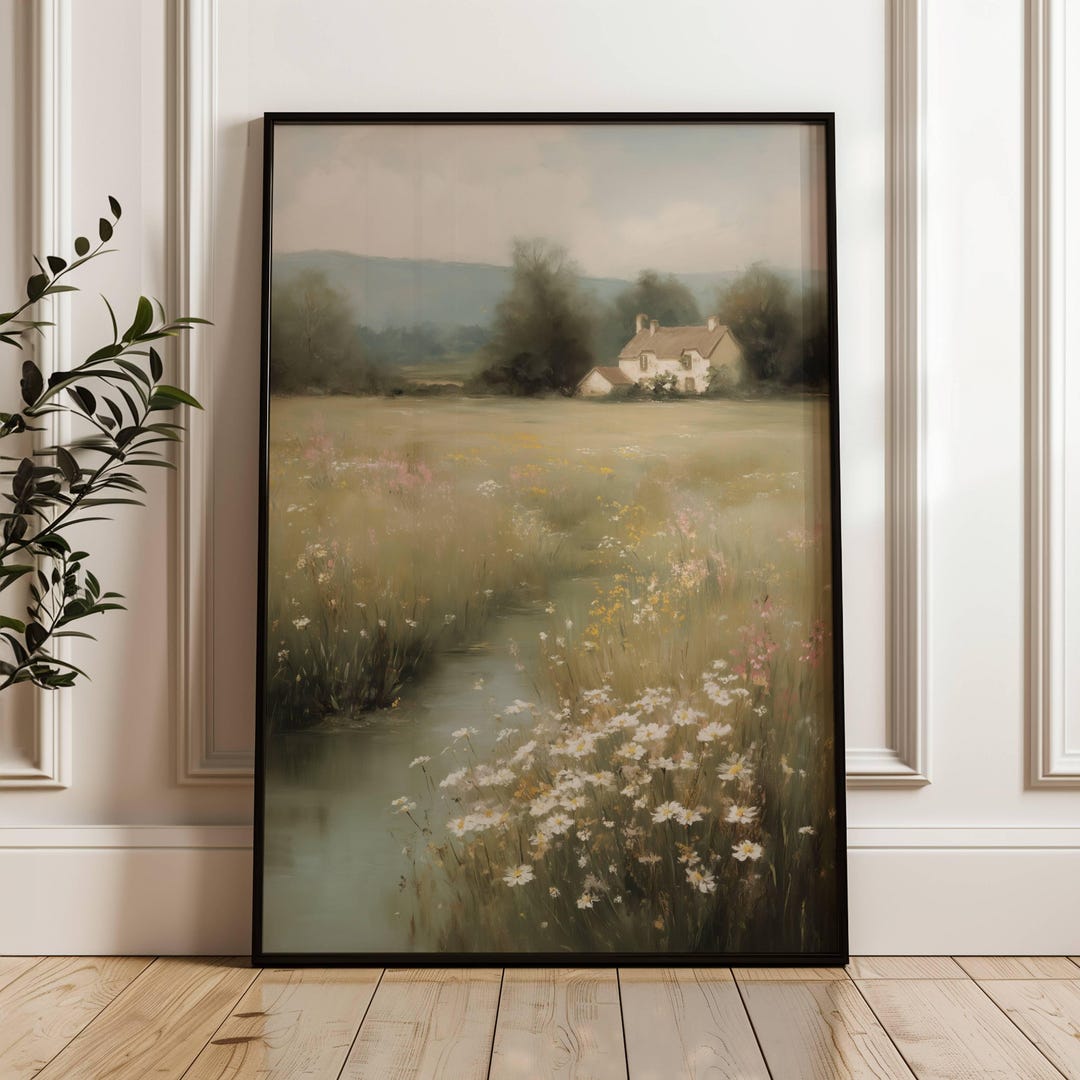 English Cottage in Field | Cottage Garden Wall Art | Spring Landscape ...