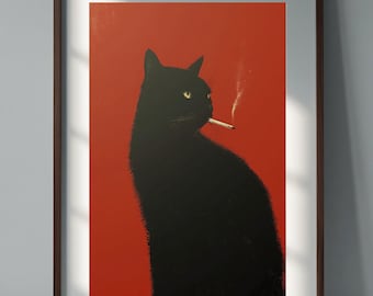 Black Cat Smoking Print Red Background Portrait Minimalist Art Wall Decor Modern Feline Illustration | Digital Download