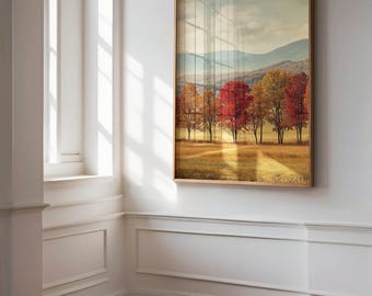Árboles de otoño vintage / Paisajes de invierno / Decoración de casas de campo / Arte mural con paisajes campestres otoñales / Decoración mural con paisajes otoñales