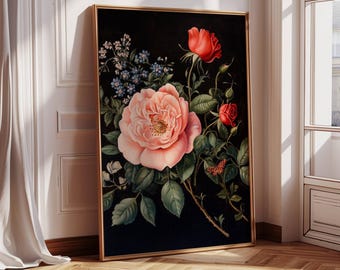 Moody Red Roses Painting | Vintage Art Print | Flower Print | Dark Floral Print | Farmhouse Decor