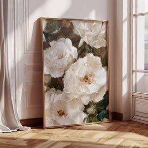 White Floral Still Life | Neutral Farmhouse Wall Decor | Vintage Rose Oil Painting | Flower Art | Moody Botanical Art