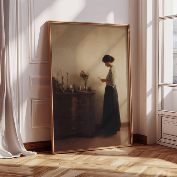 ヴィンテージ絵画、読書をする女性、雰囲気のある壁掛けプリント、春の 