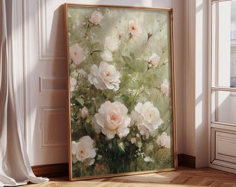 Impresión de arte floral / Jardín de flores / Decoración de pared de sala de estar / Decoración de casa de campo / Impresión de arte floral vintage / Pintura al óleo de jardín de rosas