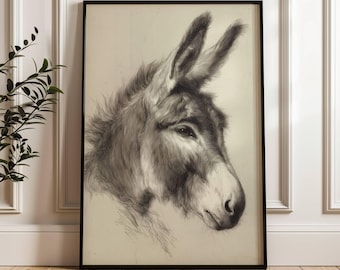 Vintage Pencil Sketch of a Donkey | Neutral Farmhouse Wall Decor | Antique Nursery Print | French Country Decor | Animal Print | Kids Room