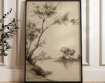 Vintage Tree and River Landscape Print | Peaceful Scenery | Farmhouse Decor | Neutral Sepia Art | Vintage Forest Painting | Neutral Tone