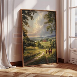 Vintage Autumn Landscape With Horses Painting Fine Art | Living Room Wall Decor | Countryside Farmhouse Decor | Rustic Fall Landscape