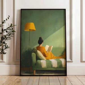 Minimalist Green Portrait Woman Reading | Earth Tones | Vintage European | Bedroom Wall Decor | Female Abstract Print | Book Lover | Emerald