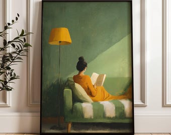 Minimalist Green Portrait Woman Reading | Earth Tones | Vintage European | Bedroom Wall Decor | Female Abstract Print | Book Lover | Emerald