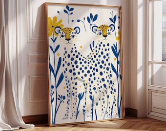 Lámina artística de guepardos amarillos y azules con flores / Decoración de pared / Lámina moderna para dormitorio / Decoración de pared para el hogar / Idea de regalo / Arte preppy / Floral